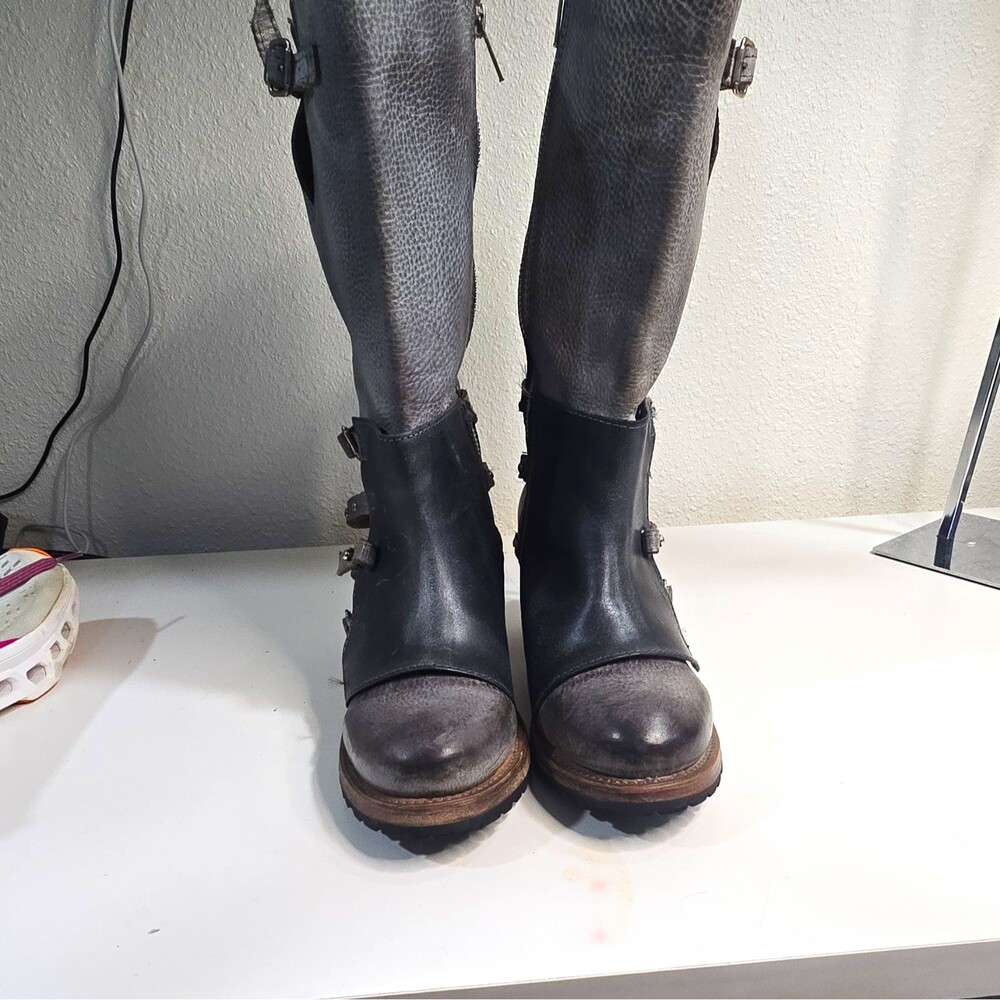 Freebird Women’s Clayton Black/Gray Leather Studded Buckle Strap Knee High Zip 8